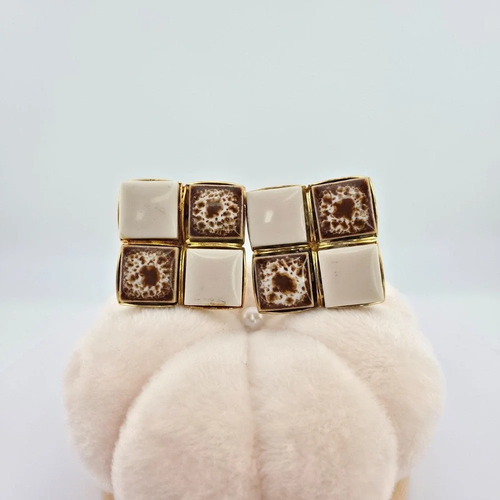 Vintage Cufflinks Mid-Century Modern Brown White Ceramic Tiles Enamel Gold Plate